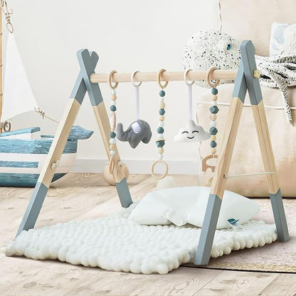Wooden Baby Play Gym Foldable Gym Frame Activity Gym Hanging Bar with 5 Toys Natural for Newborn Baby (Foldable Grey)