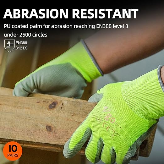 Vgo... 10-Pairs Safety Work Gloves, Gardening Gloves, Polyurethane Coated, Dipping Gloves, Latex Free (Size M, Yellow, PU2103)