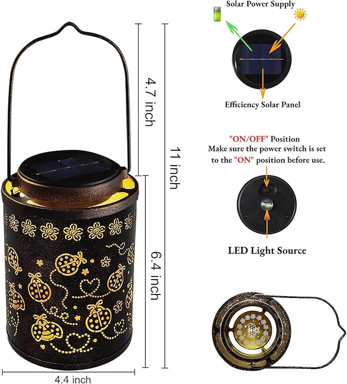 Solar Lanterns Outdoor Waterproof Ladybug Garden Decor, Hanging Metal Lights for Yard, Patio, Backyard, Porch, Fence, Ideal Gift for Women, Mom, Grandma, Birthday & Mother’s Day