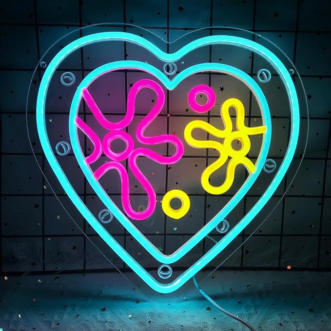 Cartoon Sea Wolrd Neon Lights Ocean World Porthole Neon Signs Heart Shaped Porthole Neon Light Up Sign Led Ocean Neon Sign for Bedroom Birthday Gifts for Kids USB Powered,Size13.5 * 12.5inch(JWD026)