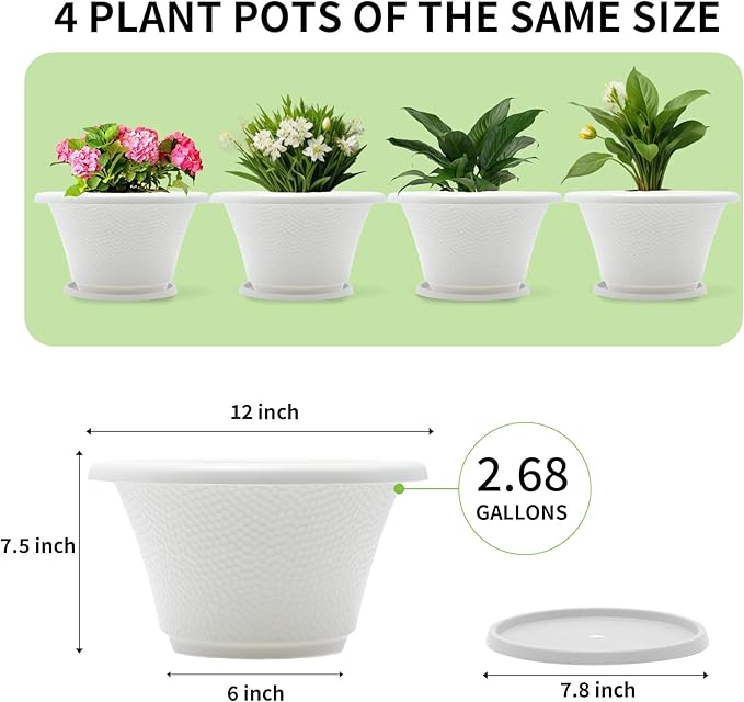 Quarut 12 Inch Plant Pot,4 Pack Large pots for Plants,Flower Pots with Drainage Hole & Saucer,Modern Planters for Indoor Outdoor Plants,Decorative Resin Garden Pots,White