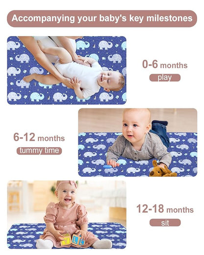 Baby Floor Play Mat Foldable Crawling Mat, 50x50 Play Mat for Playpen, Washable Non Slip One-Piece Playmats Portable, Cushioned Baby Tummy Time Mats for Infants and Toddlers (Blue Elephant)