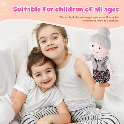 1 Pcs Family Hand Puppets 12 Inch Grandparents, Mom & Dad, Brother & Sister Plush Hand Puppet Toys Role-Play Toy Puppets for Kids Storytelling Imaginative Pretend Play Teaching Preschool(Grandma A)