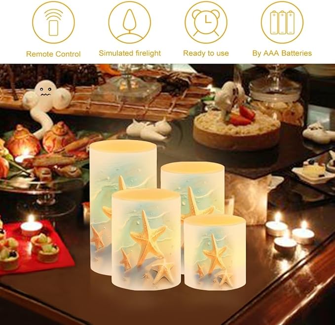 Flameless Candles Battery Powered LED Pillar Candle Tealights with Remote Timer Color Changing Control for Indoor Outdoor Coastal Home Decor Set of 4, Beach Starfish Blue