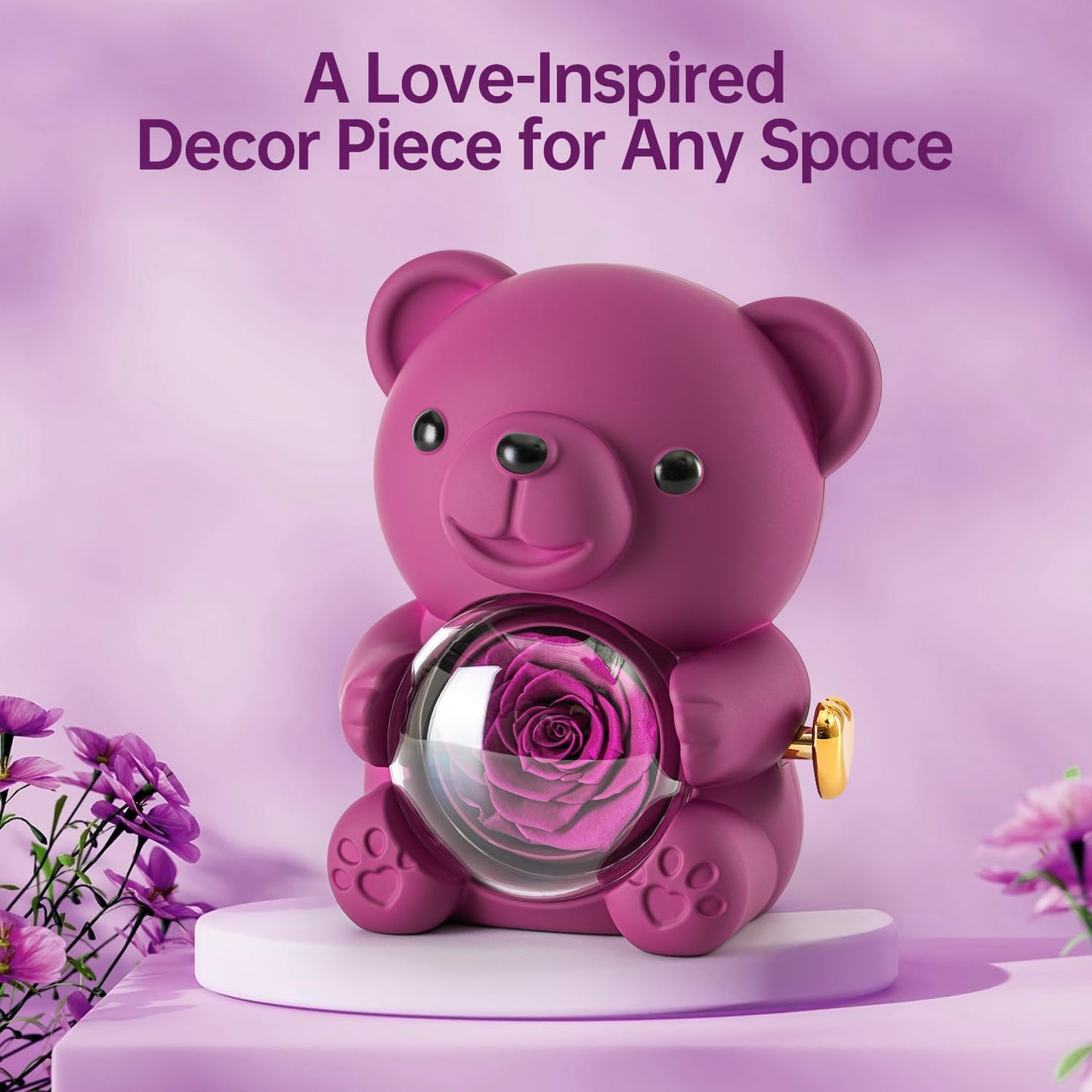 Cute Teddy Bear with Preserved Rose - A Real Rose Flower in Bear with Elegant Gift Box - Romantic Gift for Her in Mother's Day, Weddings, Anniversaries, and Bridal Showers (Purple)