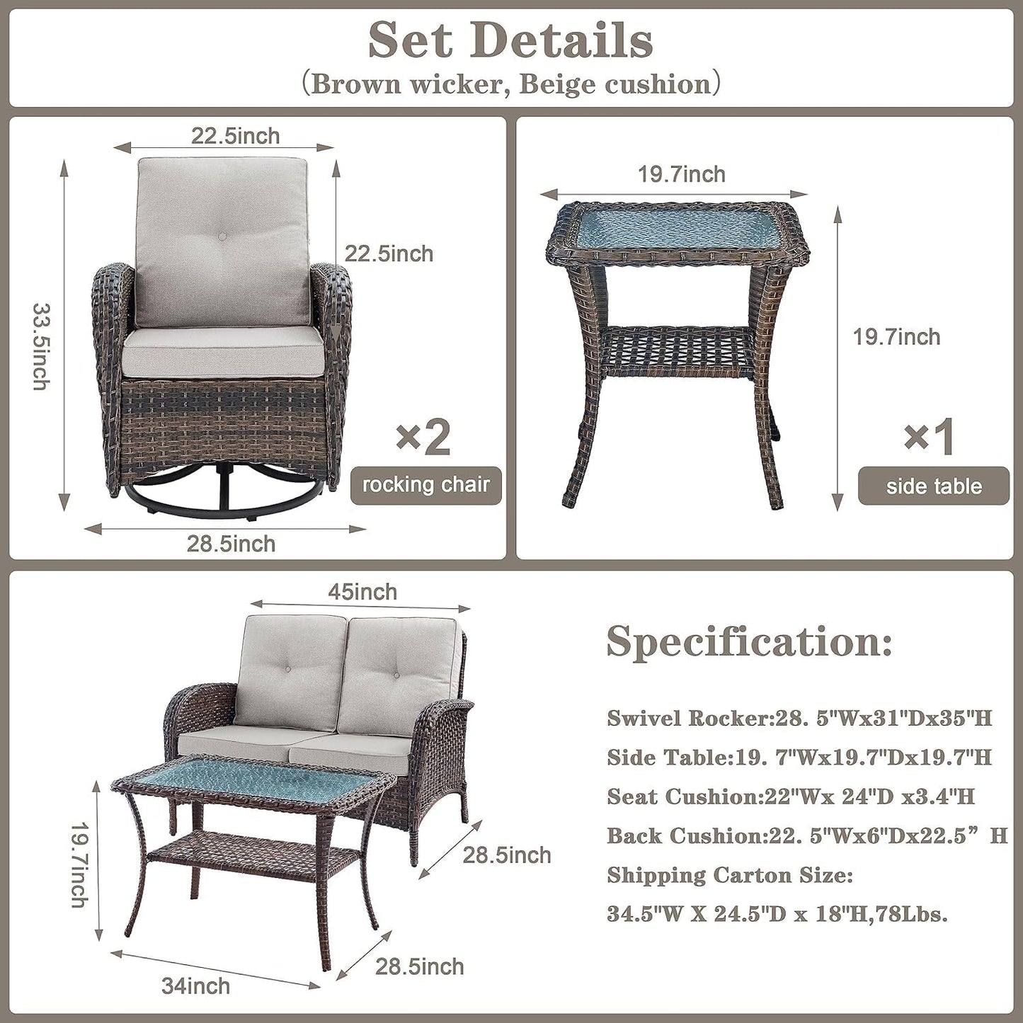 Outdoor Wicker Furniture Set with Swivel Chairs, 5 Piece Small Patio Conversation Sets with Rattan Loveseat Coffee Table for Patio Deck Porch Backyard, Brown Wicker Beige Cushion