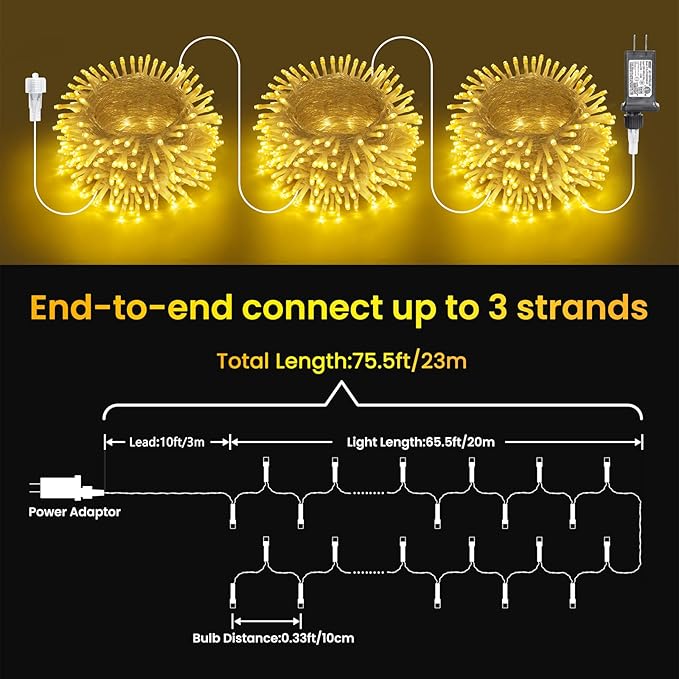 Warm White 75 Ft 200 LED Christmas String Lights - Connectable, 8 Modes, Timer, Waterproof Fairy Twinkle Lights for Christmas Party, Garden, Patio, Home, Holiday, Xmas Tree Decorations