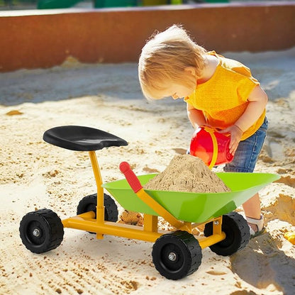 Costzon Kids Ride-on Sand Dumper, Children Outdoor Sandbox Toy w/Ergonomic Handle & 4 Wheels, Heavy Duty Steel Digging Metal Garden Play Tool for Boys Girls, Kids Wheelbarrow (Light Green)