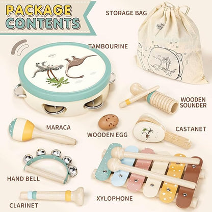 Baby Musical Instruments for Toddlers 1-3, Montessori Wooden Toys for 1 Year Old, Xylophone Maracas Percussion Set with Storage Bag, Learning Toys for Boys Girls Age 2-4, Christmas Birthday Gift