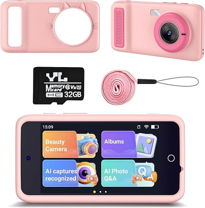 AI Digital Camera for Kids with WiFi for Christmas Birthday Gift for Girls Boys，Touch Screen HD Camera for Home Travel Garden,Kids Toys for 4 5 6 7 8 9 10 11 12 with 32GB SD Card Pink