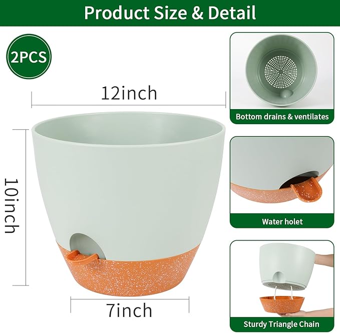 GARDIFE 12 inch planters, Plant Pots,Self Watering Pots, 2 Pack Large Plastic Flower pots with Deep Reservior and High Drainage Holes for Indoor Outdoor Plants and Flowers, Green