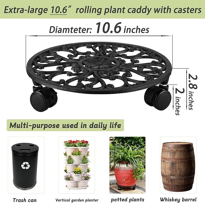 11 Inch Rolling Plant Stand with Wheels Wrought Iron Rolling Plant Stand with Casters Heavy Duty for Indoor Plants Rollers with Plant Saucers, Metal Round Plant Dolly 1 Pack