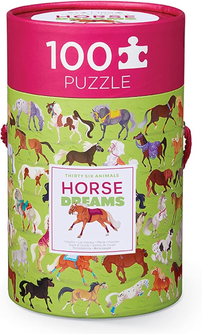 Crocodile Creek 100-Piece Jigsaw Puzzle for Kids Ages 5 and Up - Fun and Educational Table or Floor Puzzles - Storage Canister with Handle - Horses - 14” x 19” Finished