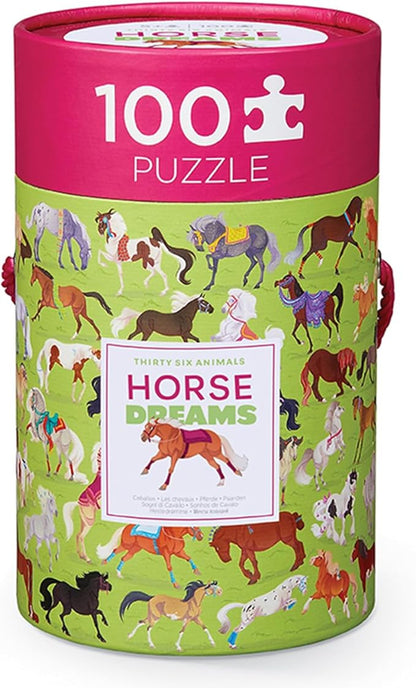 Crocodile Creek 100-Piece Jigsaw Puzzle for Kids Ages 5 and Up - Fun and Educational Table or Floor Puzzles - Storage Canister with Handle - Horses - 14” x 19” Finished