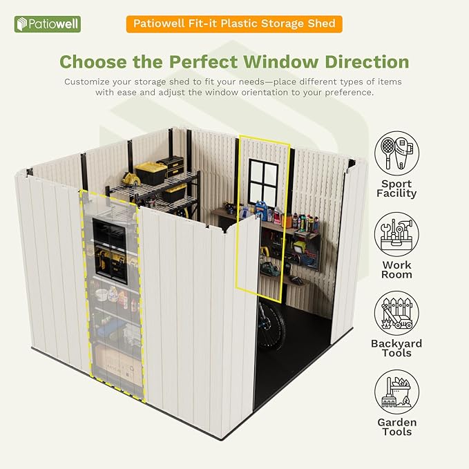 Patiowell 8 x 6 FT Resin Outdoor Storage Shed with Floor, Large Shed with Light and Lockable Door for Garden, Backyard, Tool Storage Use, Easy to Install in Beige (Kick-it Shed)