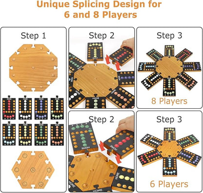 Marble Board Game,Wooden Board Game for 6-8 Players,Portable Design Marble Game with 32 Marbles 16 Dice, Family Game Night Gift for Kids & Adults