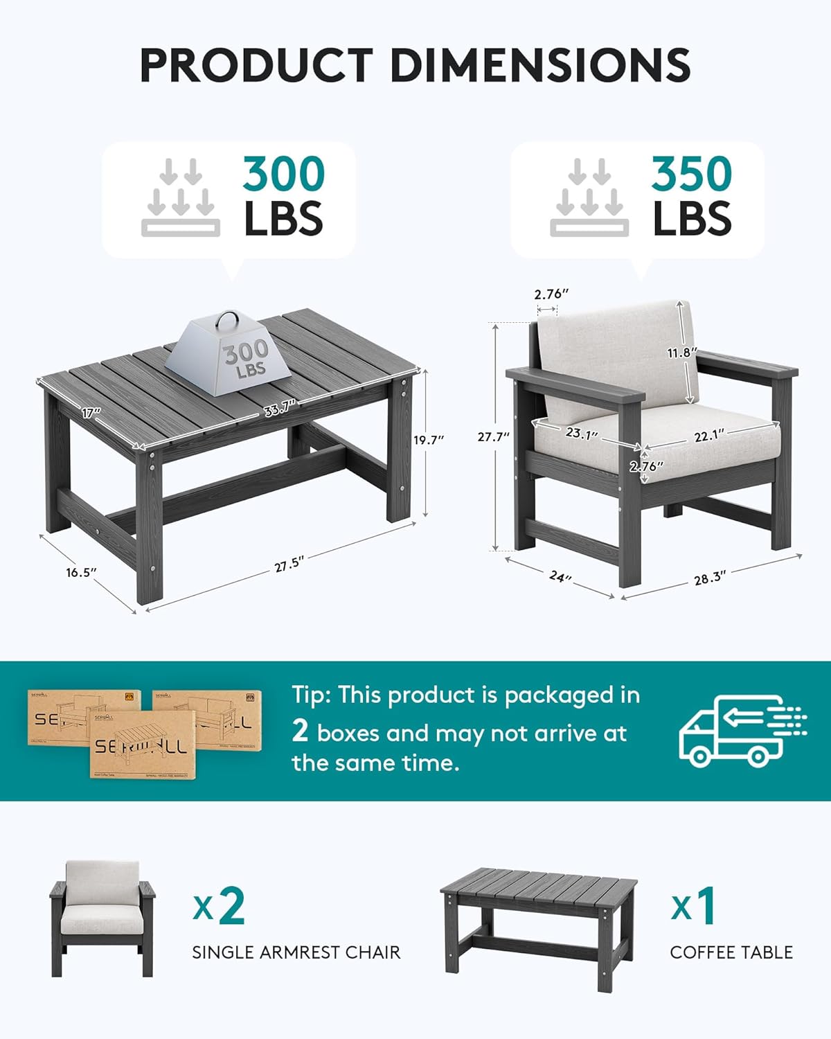 SERWALL 3 Pieces HDPE Outdoor Sofa Set with Cushions, All Weather Use Patio Couch Loveseat Furniture with Coffee Table for Balcony, Deck, Poolside, Grey Frame with Khaki Cushions