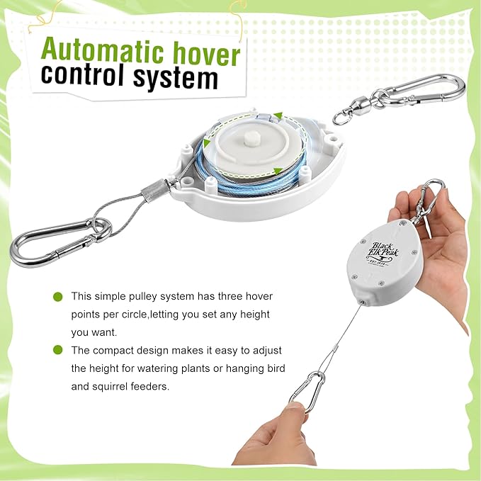 Plant Pulleys for Hanging Plants, Heavy Duty Retractable Hangers, 304 Stainless Steel Rope, Auto Plant Holder, Adjustable Climbing Hook for Garden Baskets Watering, or Bird Feeders 2PC (White)