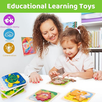 6 Pack Wooden Puzzles for Toddlers 1-3 Years Old - Montessori Toys for 2-Year-Old, Educational Toys with 6 Animal Patterns Puzzles for Boys & Girls Birthday Gift, STEM Educational Learning