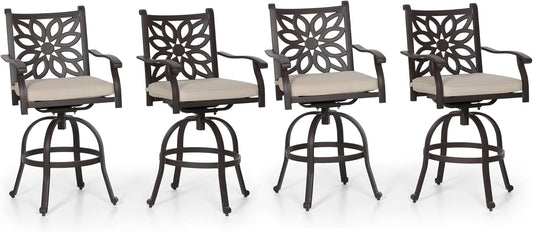 PHI VILLA Outdoor Swivel Bar Stools Set of 4, Cast Aluminum Patio Pub Height Bar Stool & Chairs with Seat Cushion