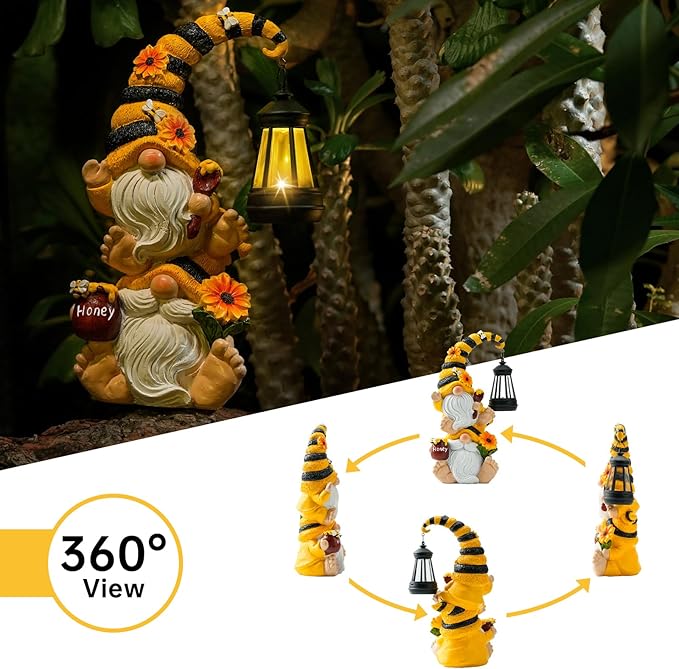 Solar Bee Garden Gnomes with LED Lantern – Waterproof Stacked Outdoor Decor for Yard, Patio – Unique Gnome Gift for Mom, Grandma, Women (Weatherproof Resin Outdoor Statues)
