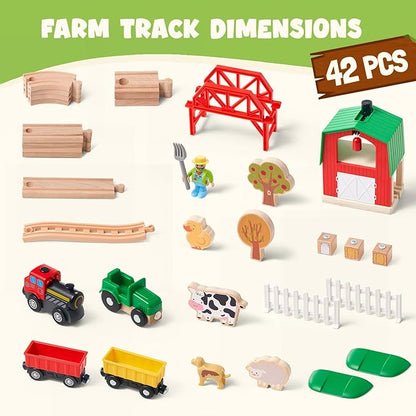 Giant bean 42PCS Wooden Farm Train Set for Toddler, Battery Operated Train Railway Track with Bridge, Barn, Animals,Tractor Cargo, Compatible with Most Brand,Toy Gift for Kids Boys Girls Age 3-8