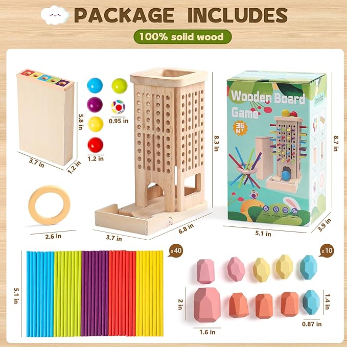 Montessori Toys for 3 Year Old Fine Motor Skills Toys for 5 Year Old Wooden Board Game - Educational Toys with Colorful Sticks, Dice & Stones, Family Game Gifts for Age 4 5 6 7 8 Boys Girls