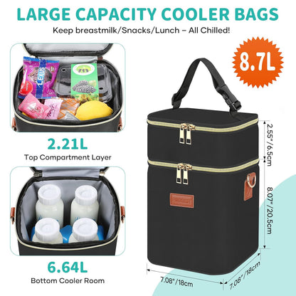 PIIOSER Baby Bottle Tote Bag with Ice Pack, Fits 4 Baby Bottles Up to 9 Ounce, Small Insulated Breastmilk Cooler Travel Bag with Shoulder Strap for Nursing & Working Mom Daycare (Black-S)