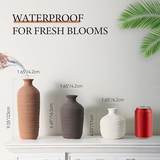 Ceramic Vase Set of 3 Neutral Decorative Vase for Farmhouse, Boho, or Rustic Home Decor Pottery Vases for Pampas Grass Living Room Bedroom Table Mantel Entryway Shelf (01-Brown)
