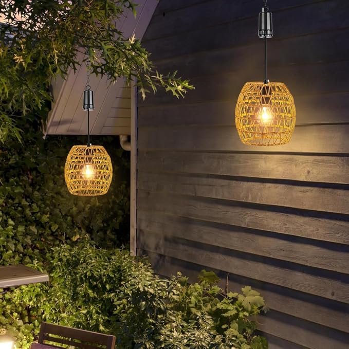 Battery Operated Outdoor Hanging Light with 6 Hours Timer, Outdoor Indoor Pendant Chandelier Rattan Lantern Waterproof Lamp Edison Bulb Lights for Gazebo Porch Garden Patio Home Decoration