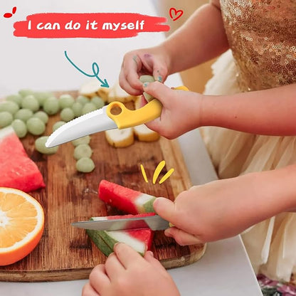 Kids Chef Knife Set for Real Cooking with Safe Finger Guard, Stainless Steel Blade & PP Handle,Perfect for Training Cutting Montessori Kitchen Tool, Kid-Friendly BPA Free (Yellow)