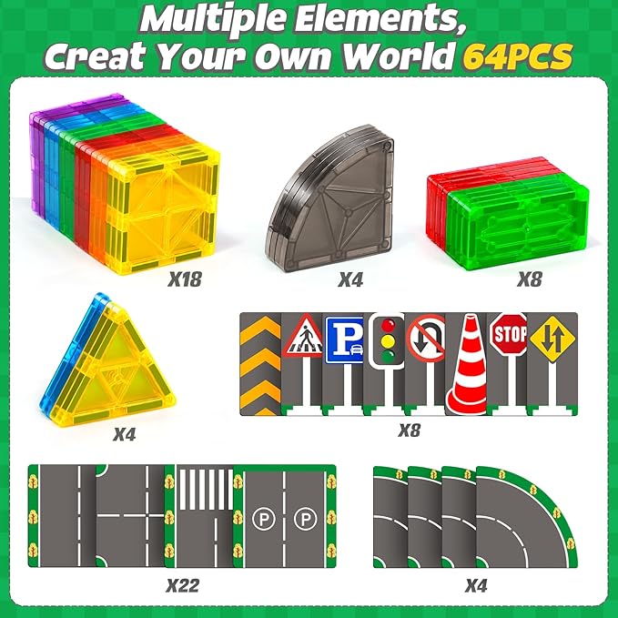 64PCS Magnetic Tiles for Kids Ages 3-5 4-8 Magnetic Building Blocks Road Expansion Pack for Toddlers Creative Learning Construction Toys Gift for Kids 3 4 5 6 7+Year Old Boys Girls Christmas Birthday