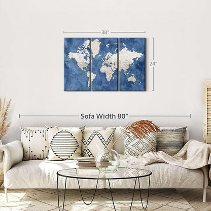 ElephantStock Detailed World Map With Cities I Wall Art - Horizontal Canvas - 3-Piece Living Room Decor - Watercolor Map Canvas Print - Beige and Blue Wall Decor by Blursbyai - 38" X 24"