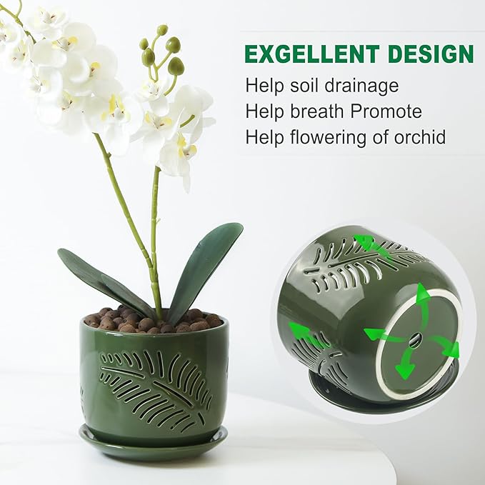 Ceramic Orchid Pots, 6+5 inch Orchid Pots with Holes,Orchid Pots for Repotting,Healthy Air Circulation Plant Pots for Plant Lovers,Planters for Indoor/Outdoor Plants -2 Pack