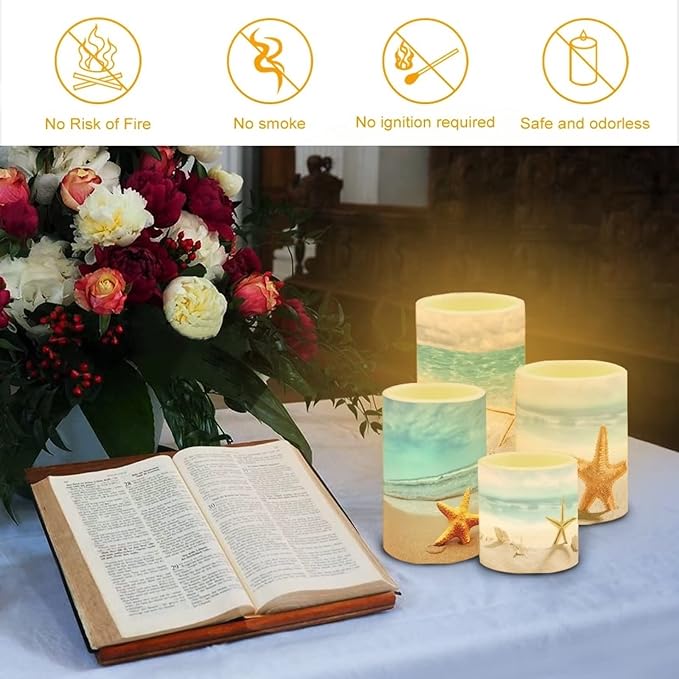 LED Flickering Candles Battery Operated Candles Set of 4 with Remote Control Timer Dancing Flame Pillar Candles Home Table Coastal Decoration, Beach Coastal