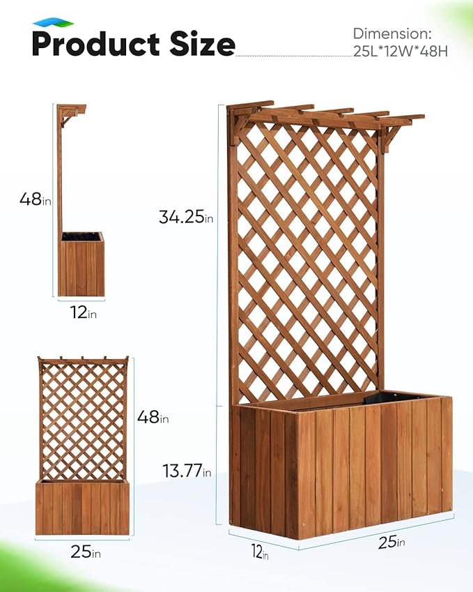 Quictent Raised Garden Bed Wood Planter Box with Lattice Trellis for Vine Climbing Plants Flower Free-Standing, for Patio Garden Indoor Outdoor 25x12x48 in