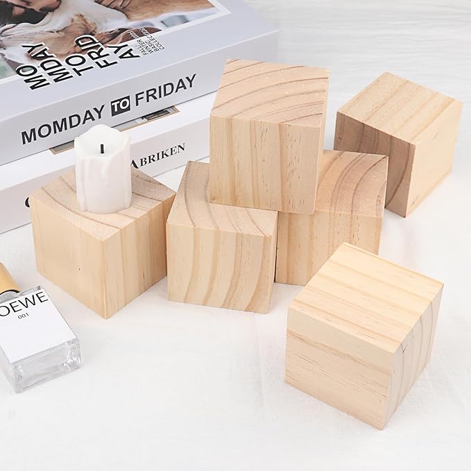6 Packs Wooden Blocks for Crafts, 3.15 Inch Pine Wood Cubes, 8 x 8 x 8 cm Wooden Cubes for Paint, Stamp, Decorate, DIY Projects and Personalized Gifts,GNIEMCKIN.