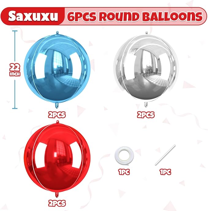 Red Blue Silver Giant 4D Foil Balloons, 6 Pcs Large Metallic Red and Blue Round Balloons, 22 Inch Big Round Foil Balloon for Birthday Party Baby Shower Graduation Wedding Decorations