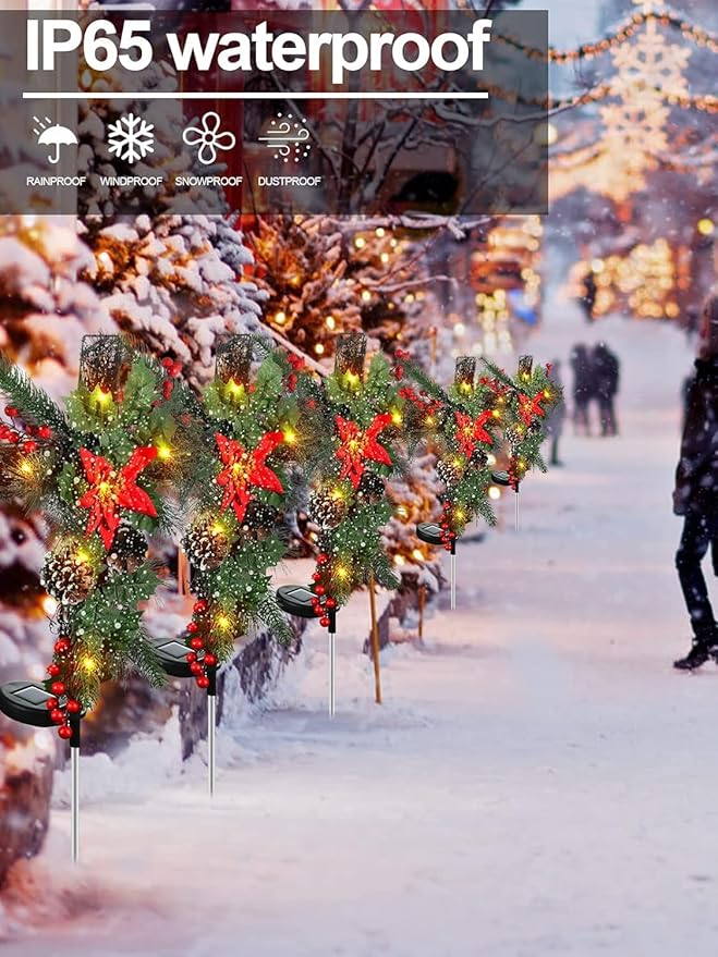 2 Pack Christmas Decorations Outdoor Solar Cross Stake Lights for Christmas Decor, IP65 Waterproof, Auto On/Off Cross Light Grave Decorations with 10 LEDs & Pinecones for Garden Yard Lawn Cemetery