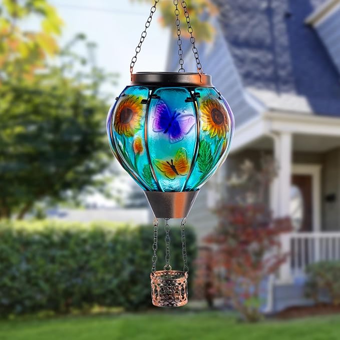 Hot Air Balloon Solar Lantern, Butterfly Solars Powered Hot Air Balloon Lantern Outdoor Waterproof, Glass Hanging Hots Air Balloons Solar Light for Outdoor Patio Garden Decor