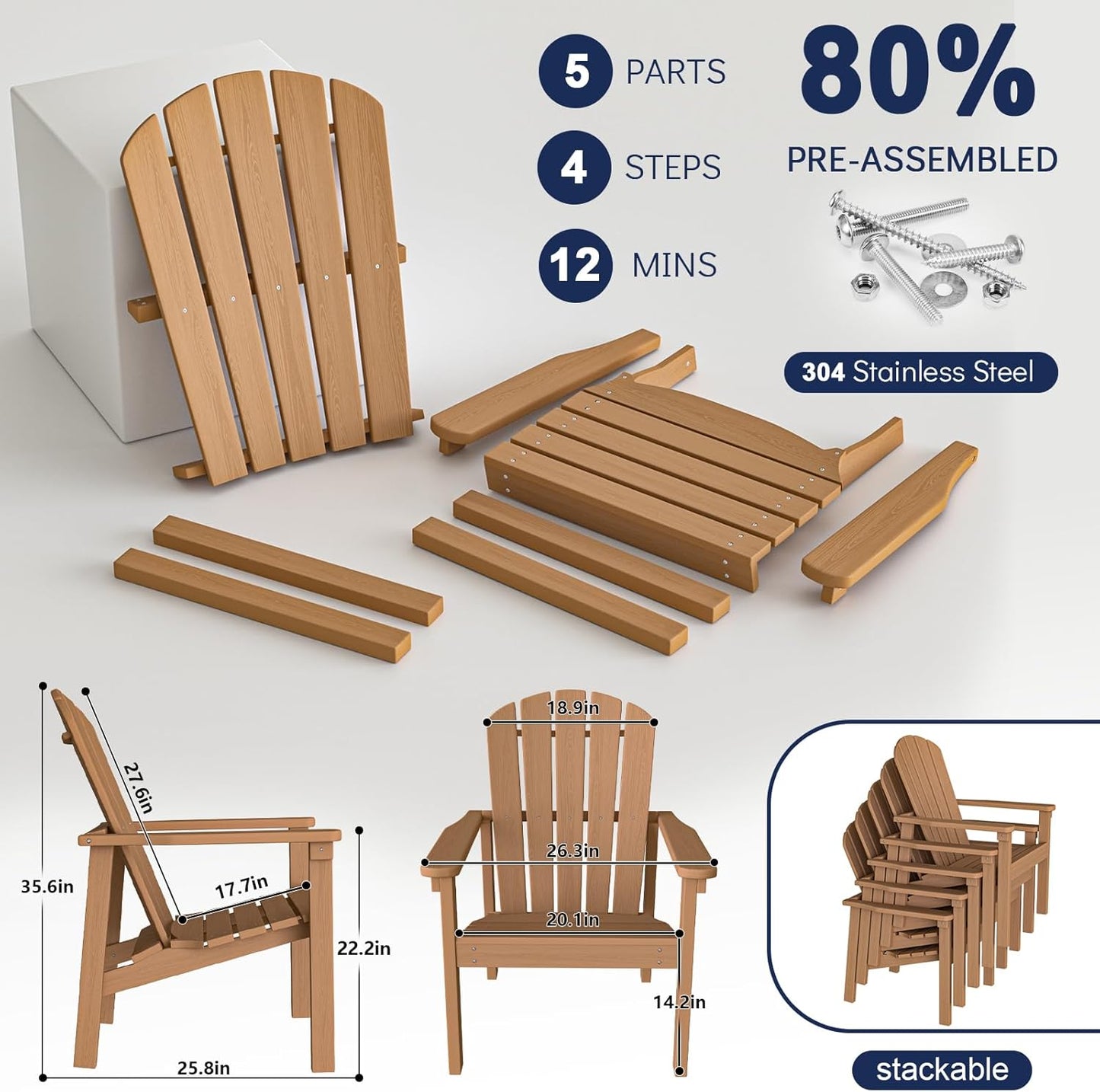 Stackable Adirondack Chair Set of 4, HDPE Outdoor Patio Chair - Durable and Space Saving, Suitable for Porches, Lawns or Garden, Teak