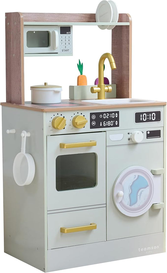 Teamson Kids Little Chef Lake Tahoe Smart Play Kitchen with Washing Machine, Oven, Microwave & Ample Storage, Neat & Compact Healthy Play for Age 3+, Sage Green
