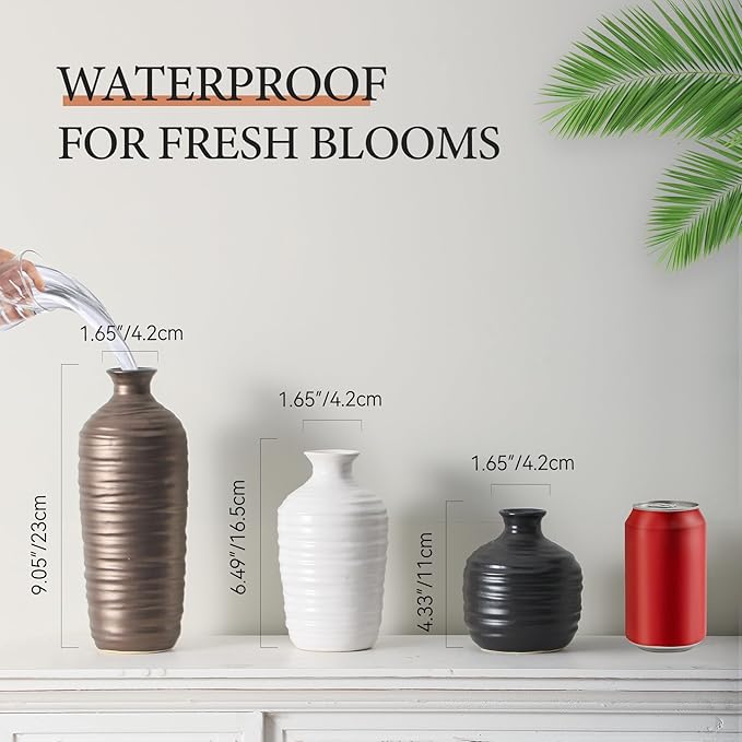 Ceramic Vase Set of 3 Neutral Decorative Vase for Farmhouse, Boho, or Rustic Home Decor Pottery Vases for Living Room Bathroom Table Mantel Fireplace Entryway Shelf (01-Metallic)