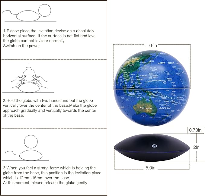 6" Magnetic Levitation Floating Globe Anti Gravity Rotating World Map with LED Light 7 Colors Display Floating Globe for Children Educational Gift Home Office Desk Decor (Style 2)