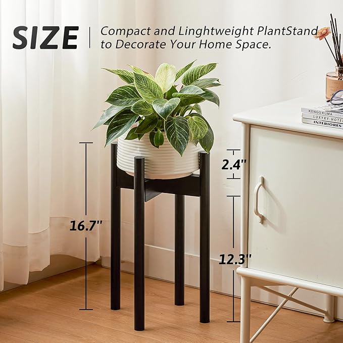 Adjustable Plant Stand Indoor, Bamboo Plant Holder 8 to 12 Inches, Small Tall Planter Stand for Indoor Plants, Single Floor Plant Stand for Living Room Balcony Bedroom, Pure Black