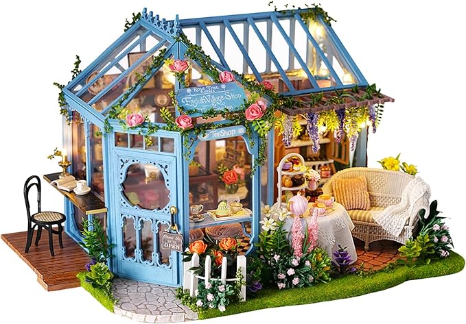 Fsolis DIY Miniature Dollhouse Kit for Adults - Tiny Scene House Mini Garden House Kit 3D Puzzles for Adults Gifts for Women Teenagers Craft Lovers (Rose Garden Tea House)