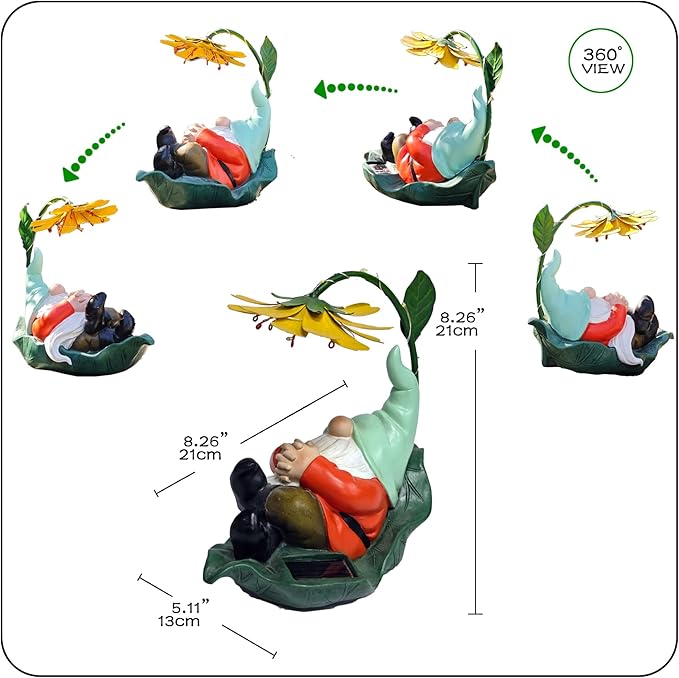 Solar Powered Gnome Garden Statue - Resin Gnome on Green Leaf with Large Yellow Stamen Sunshade, LED Lights Decorations, for Women Men, Outdoor Decor Ornaments for Outside