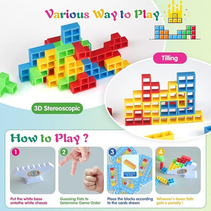 64Pcs Tetra Tower Game, Family Board for 2 Players Family Games, Building Blocks Stacking Balance Games Toys for Kids, Adults, Friends, Classroom, Family and Travel Party