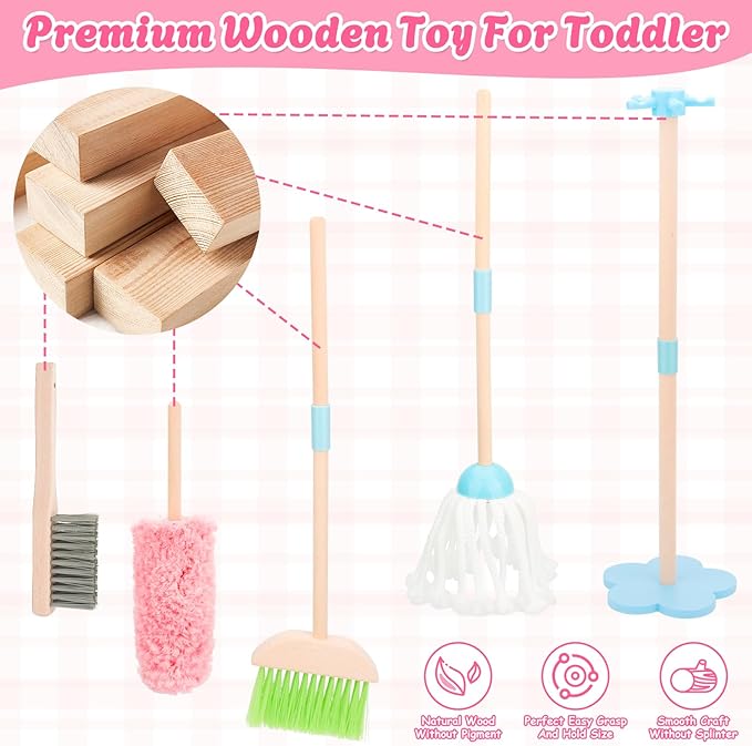 Kids Cleaning Set, Wooden Toddler Broom Set for Housekeeping, 7 Pieces Montessori Cleaning Toys with Kids Broom and Mop Set, Housework Pretend Play Toy Gift for Boys Girls Ages 3+