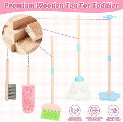 Kids Cleaning Set, Wooden Toddler Broom Set for Housekeeping, 7 Pieces Montessori Cleaning Toys with Kids Broom and Mop Set, Housework Pretend Play Toy Gift for Boys Girls Ages 3+